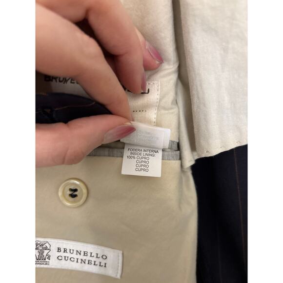 Brunello Cucinelli Blazer Mens IT50 40R Sport Coat Navy Pinstripe Elbow Patches - Picture 9 of 11